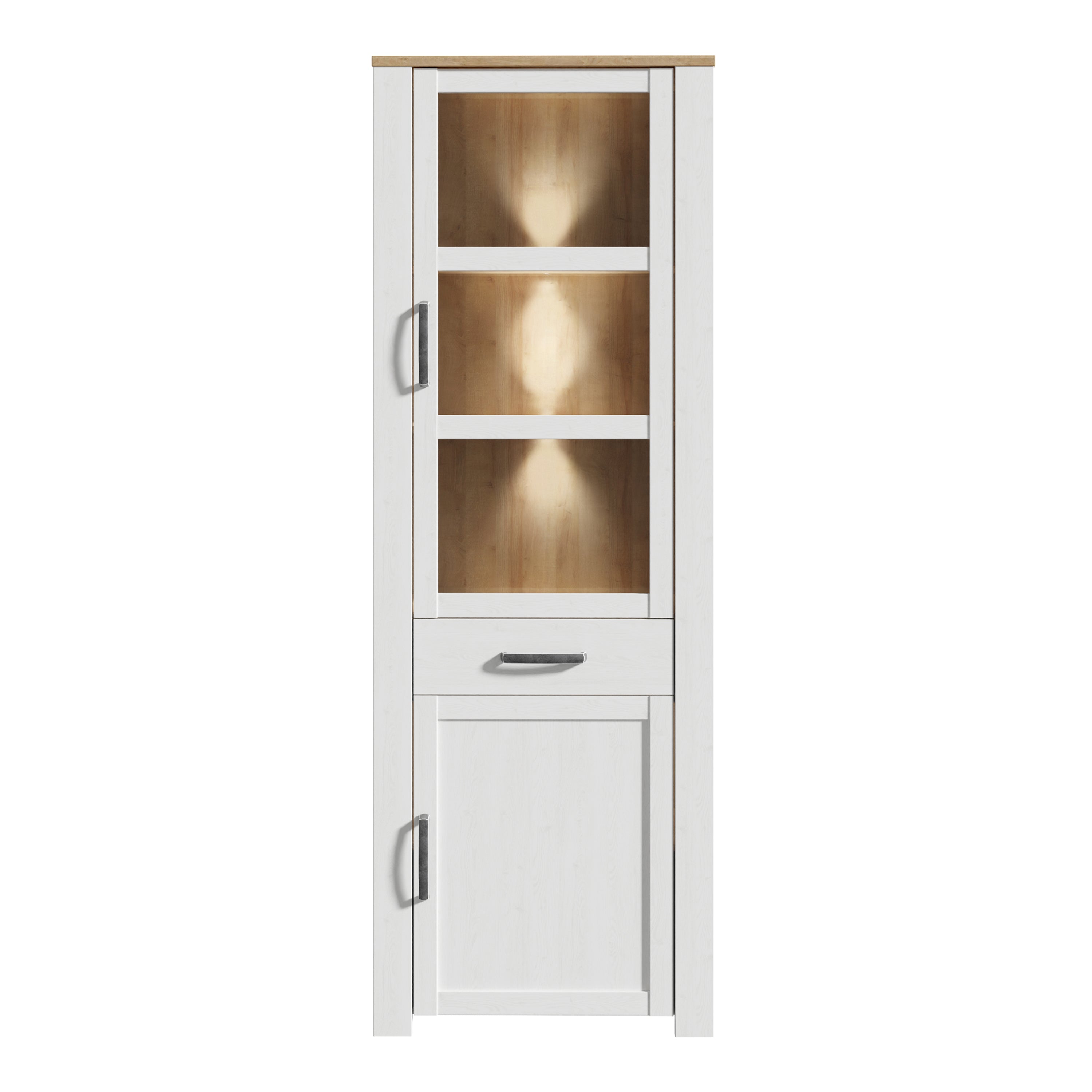 Bohol 2 Door 1 Drawer Narrow Display Cabinet in Riviera Oak/White