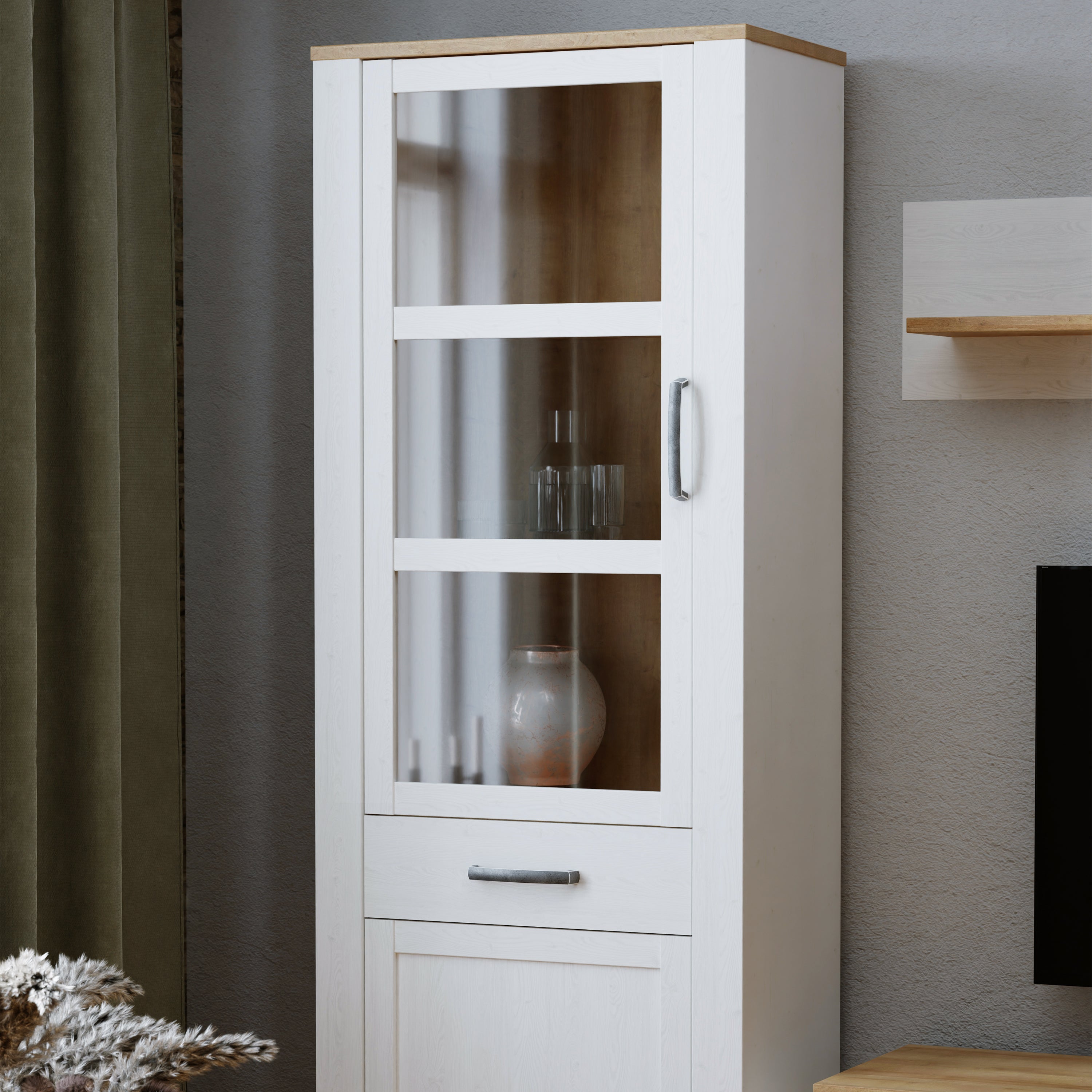 Bohol 2 Door 1 Drawer Narrow Display Cabinet in Riviera Oak/White