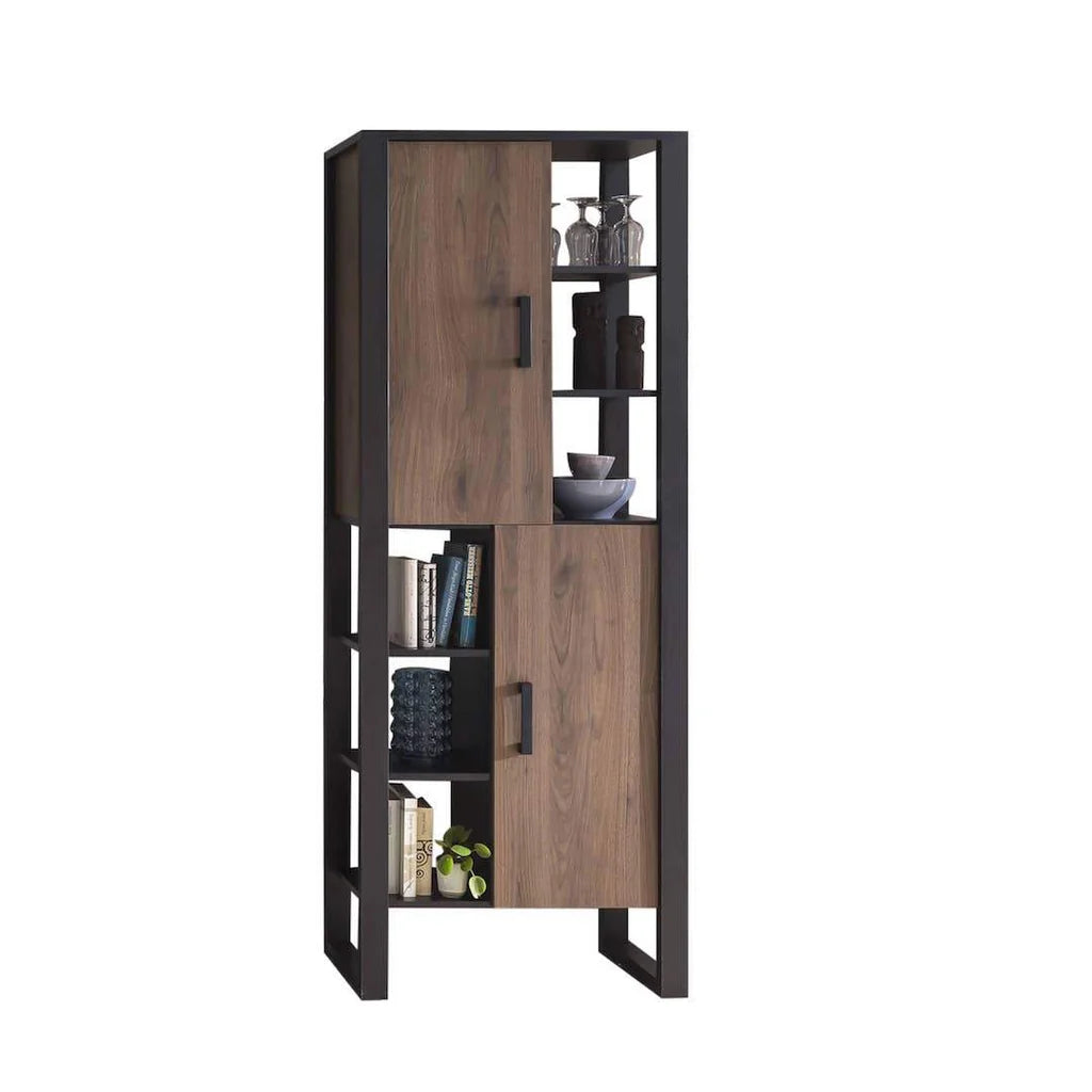 Nordi Tall Wooden Display Cabinet-II in Okapi Walnut and Black Matt