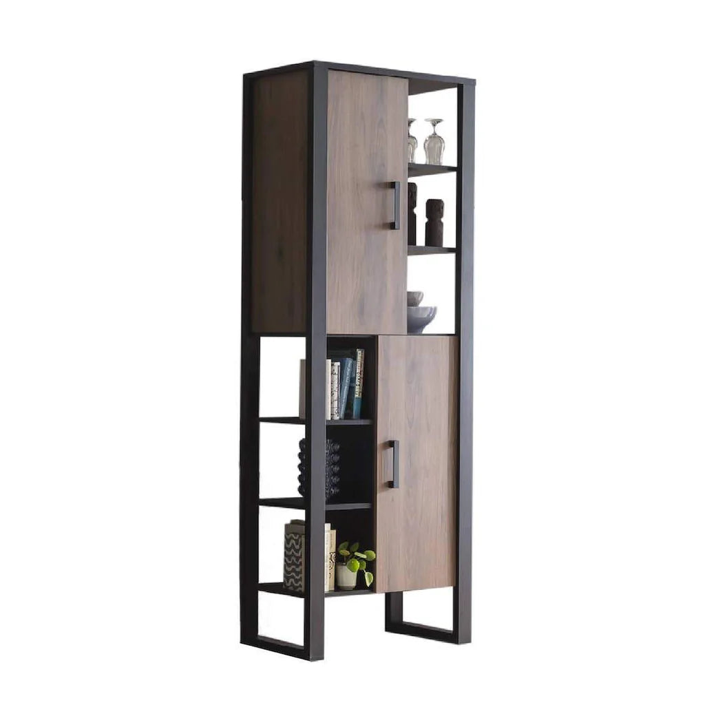 Nordi Tall Wooden Display Cabinet-II in Okapi Walnut and Black Matt