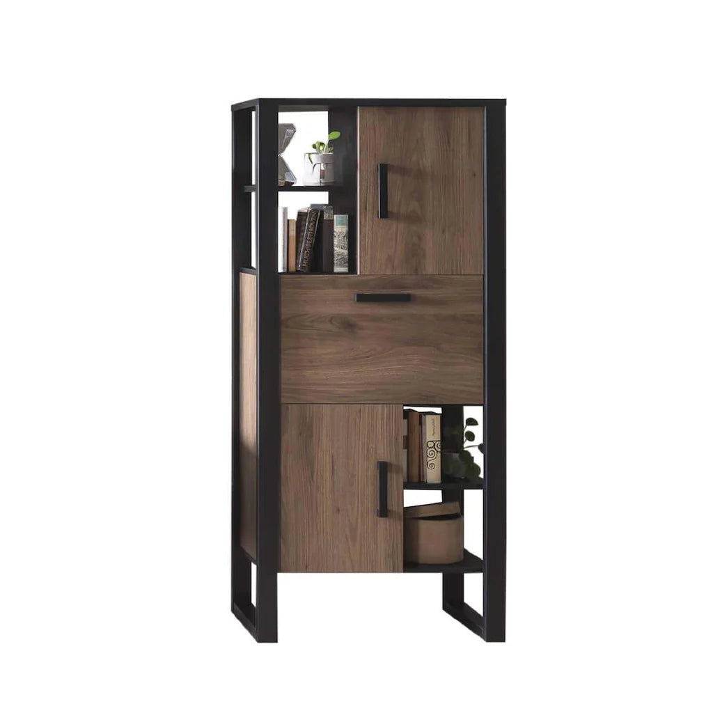 Nordi Tall Wooden Display Cabinet-III in Okapi Walnut and Black Matt