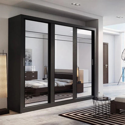 Arti AR-02 Wardrobe with 3 Mirrored Sliding Doors in Matt Black - Furniture One Shop