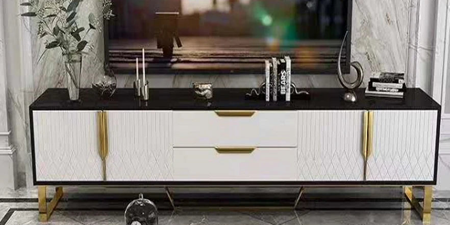 Amal Ribbed TV Stand in Black, White & Gold