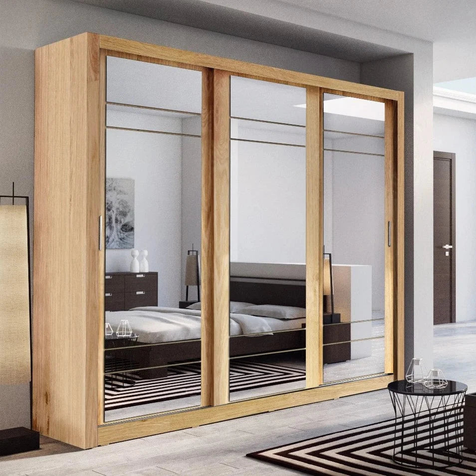 Arti AR-02 Wardrobe with 3 Mirrored Sliding Doors in Shetland Oak