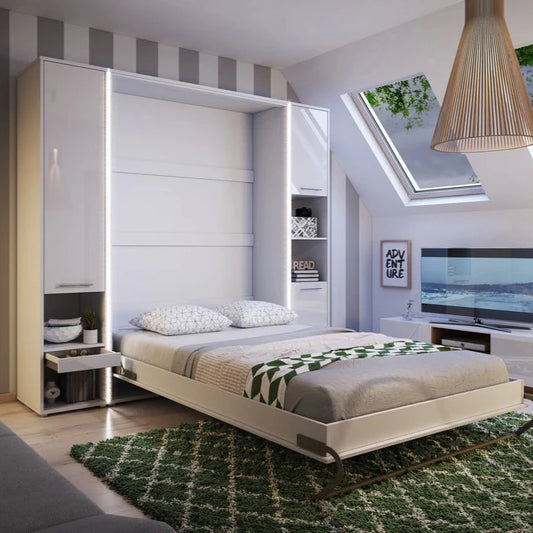 CP-01 Vertical Wooden Wall Double Bed with Storage Cabinets in Matt White 140cm