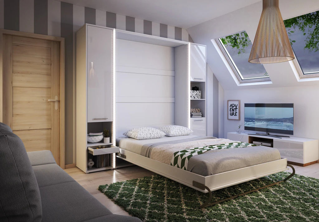 CP-02 Vertical Wooden Wall Small Double Bed with Storage Cabinet in Matt White 120cm