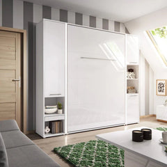 CP-02 Vertical Wooden Wall Small Double Bed with Storage Cabinet in Gloss White 120cm