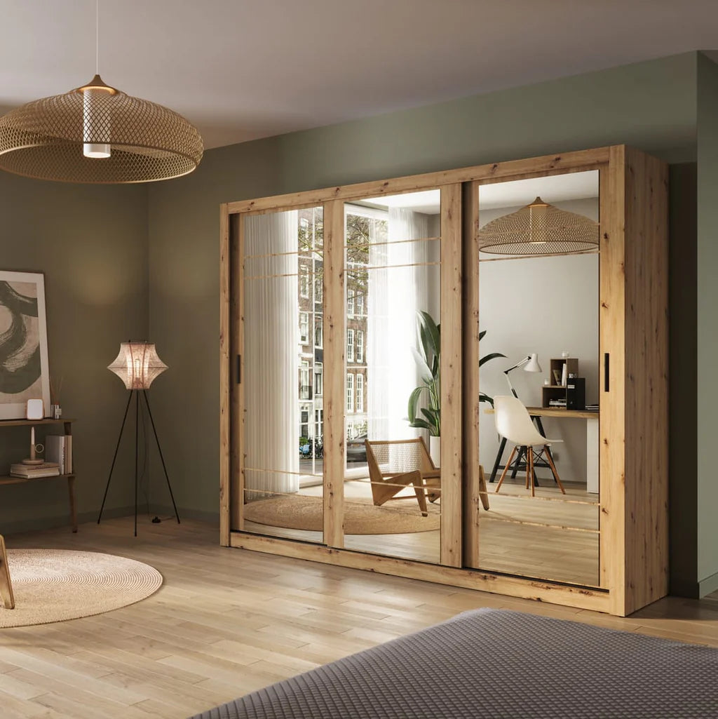 Arti AR-02 Wardrobe with 3 Mirrored Sliding Doors in Artisan Oak
