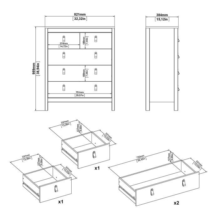 Barcelona Package - Bedside Table 2 drawers + Chest 3+2 drawer + Wardrobe with 2 doors in Matt Black