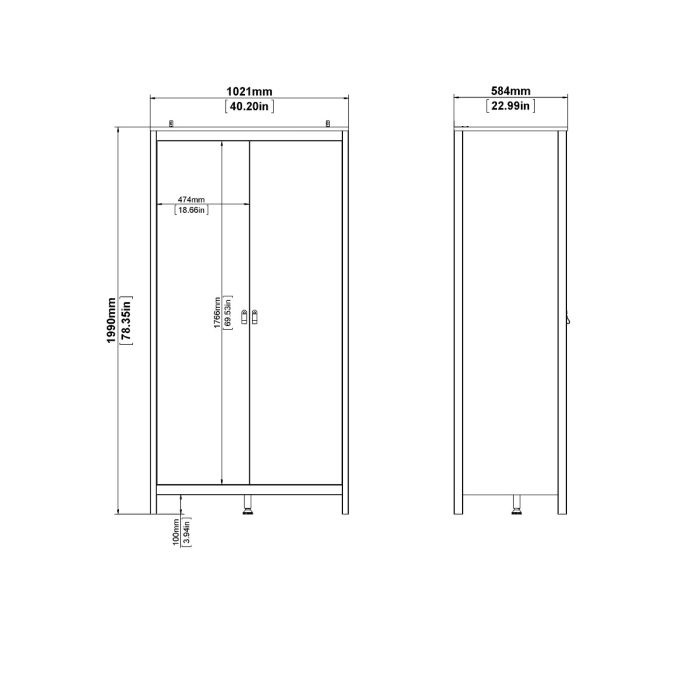 Barcelona Package - Bedside Table 2 drawers + Chest 3+2 drawer + Wardrobe with 2 doors in White