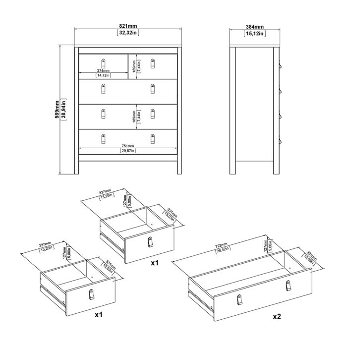 Barcelona Package - Bedside Table 2 drawers + Chest 3+2 drawer + Wardrobe with 2 doors in White