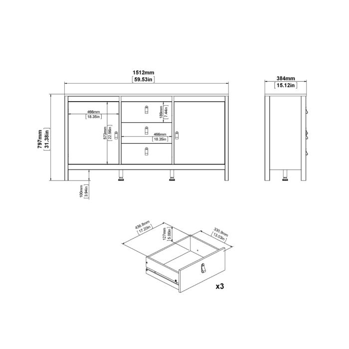 Barcelona Sideboard 2 Doors 3 Drawers in White