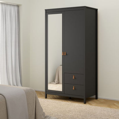 Barcelona Wardrobe with 1 Door 1 Mirror Door 2 Drawers in Matt Black - Furniture One Shop