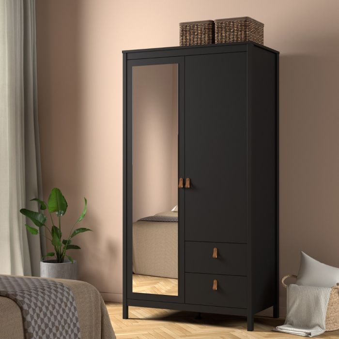 Barcelona Wardrobe with 1 Door 1 Mirror Door 2 Drawers in Matt Black