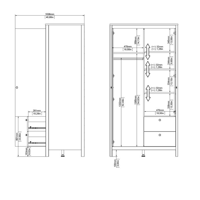 Barcelona Wardrobe with 1 Door 1 Mirror Door 2 Drawers in Matt Black