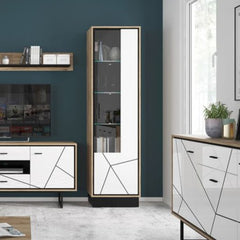 Brolo Tall Glazed Display Cabinet (RH) With the Walnut and Dark Panel Finish - Furniture One Shop