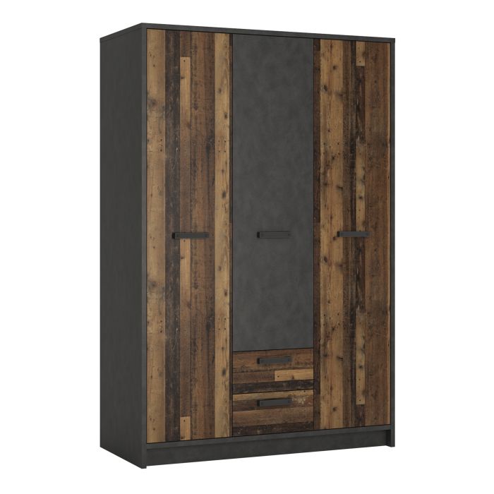 Brooklyn 3 Door Wardrobe with 2 Drawers in Walnut and Dark Matera Grey