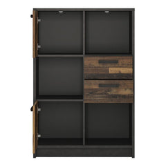 Brooklyn Low Bookcase with 2 Doors and 2 Drawers in Walnut and Dark Matera Grey - Furniture One Shop