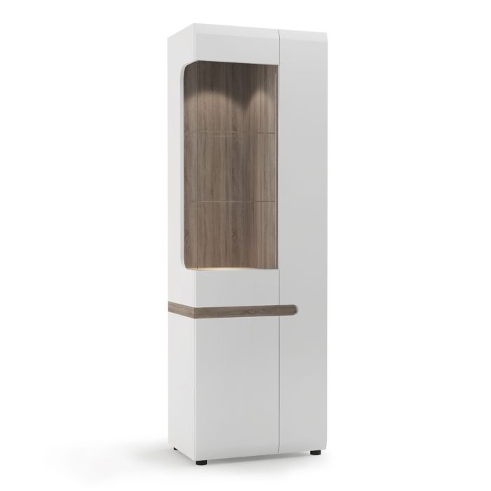 Chelsea Wooden Tall Glazed Narrow Display Cabinet in White with a Truffle Oak Trim