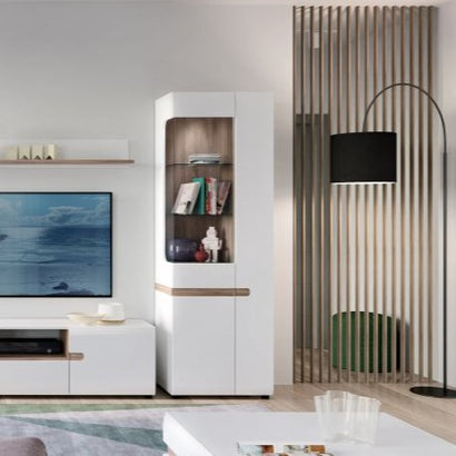 Chelsea Wooden Tall Glazed Narrow Display Cabinet in White with a Truffle Oak Trim - Furniture One Shop