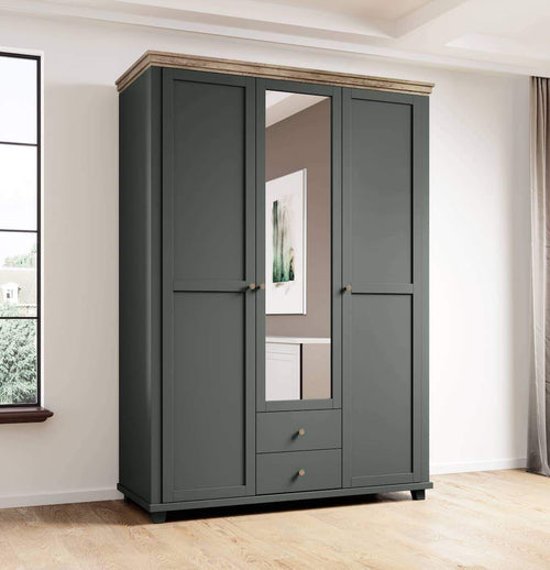 Evora Mirrored 3 Door Wooden Wardrobe in Green and Oak Lefkas - 154cm