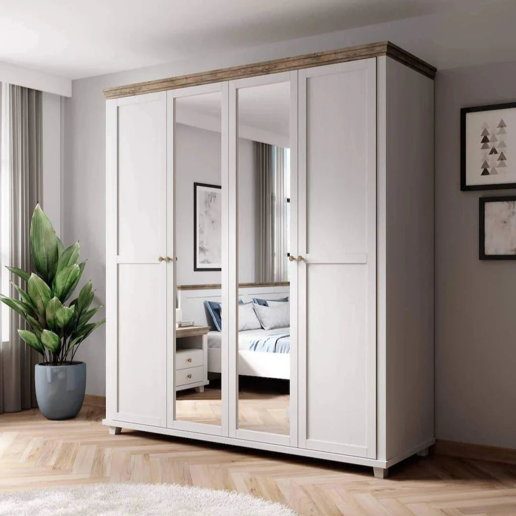 Evora Mirrored 4 Door Wooden Wardrobe in Abisko Ash and Oak Lefkas - 200cm