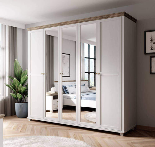 Evora Mirrored 5 Door Wooden Wardrobe in Abisko Ash and Oak Lefkas - 246cm