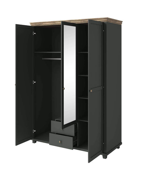 Evora Mirrored 3 Door Wooden Wardrobe in Green and Oak Lefkas - 154cm