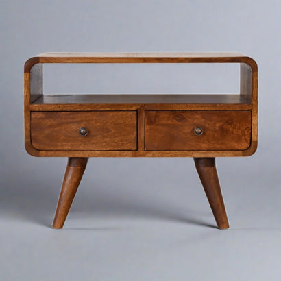 FusionVibe Mini Chestnut Curved TV Stand with 2 Drawers - Furniture One Shop
