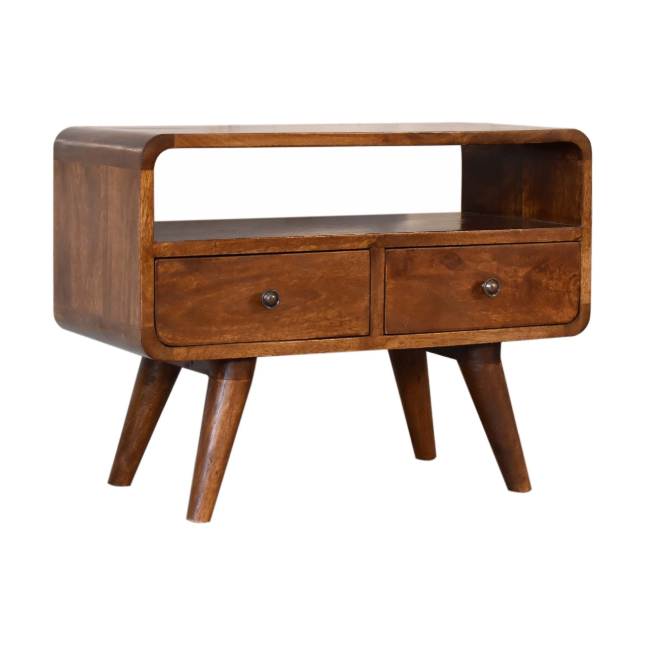 FusionVibe Mini Chestnut Curved TV Stand with 2 Drawers - Furniture One Shop