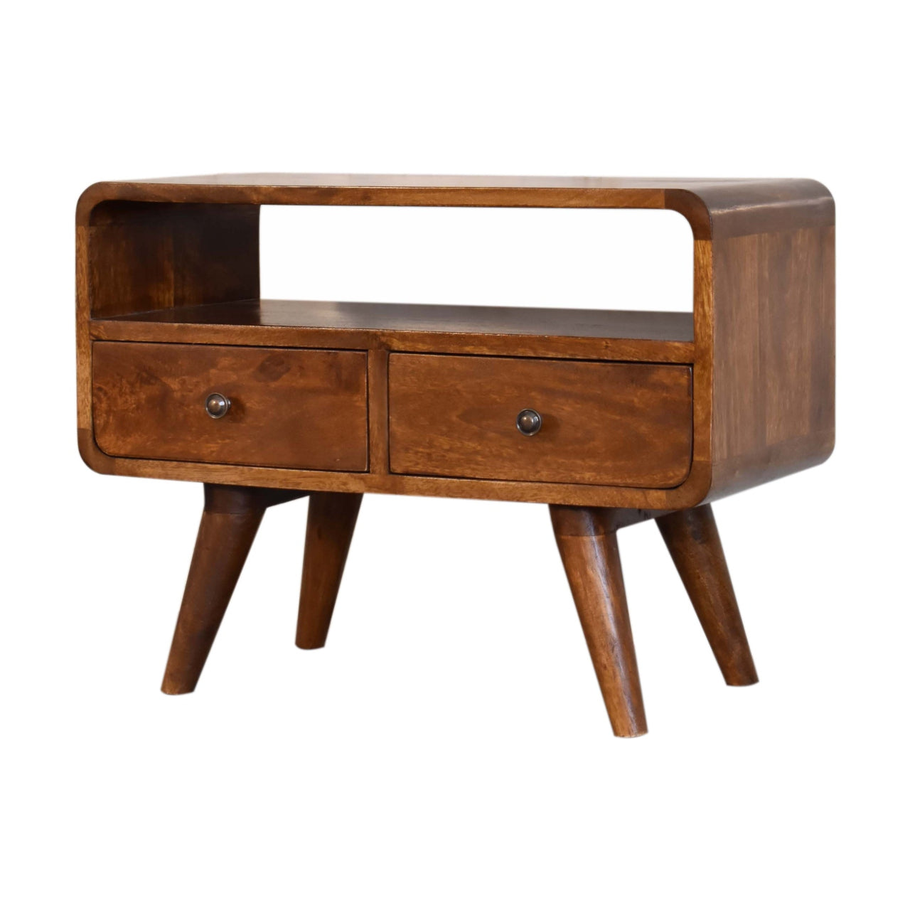 FusionVibe Mini Chestnut Curved TV Stand with 2 Drawers - Furniture One Shop