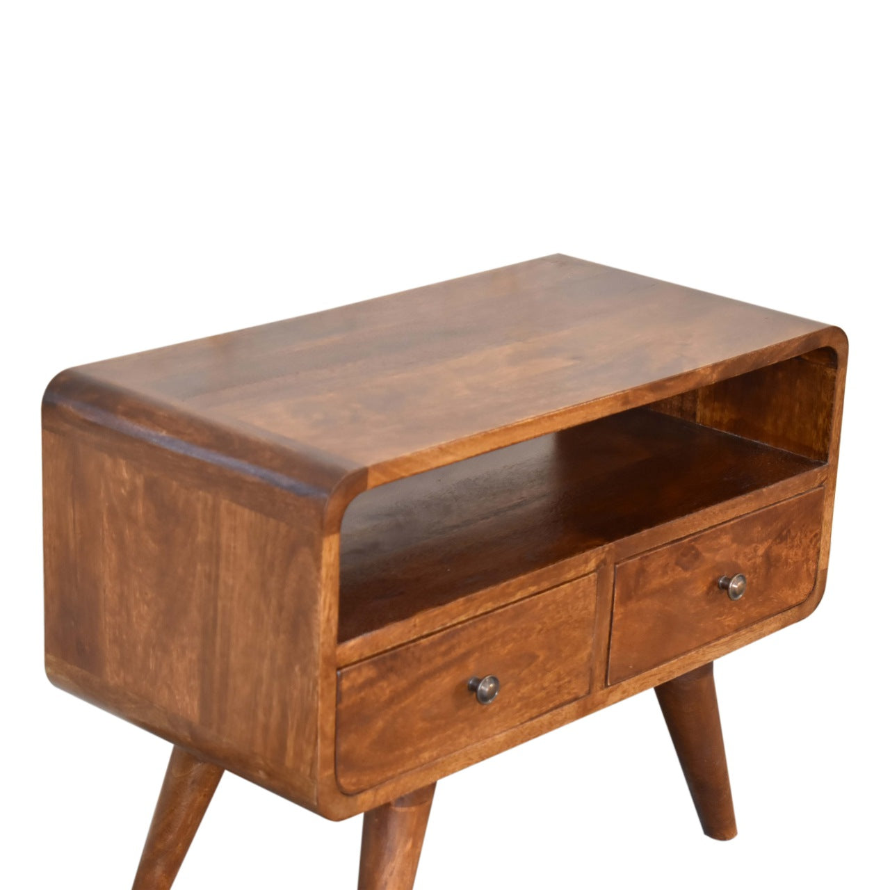 FusionVibe Mini Chestnut Curved TV Stand with 2 Drawers - Furniture One Shop
