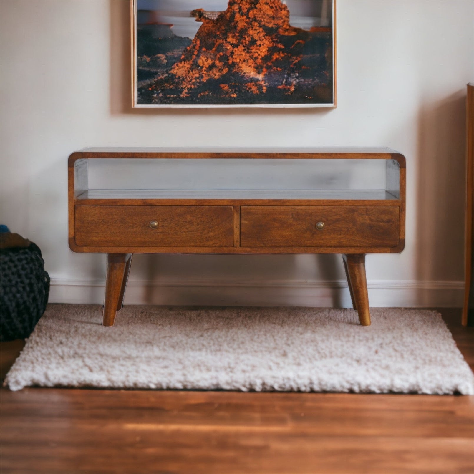 GlamVista Curved Chestnut TV Stand