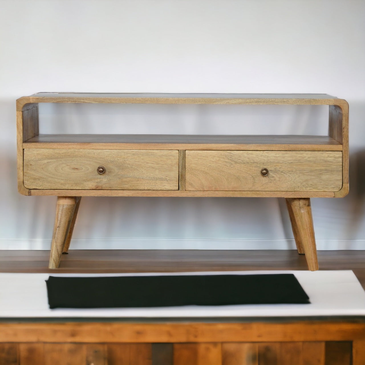 TrendTrove Curved Oak-ish TV Stand