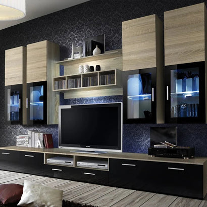 Lyra Wooden Entertainment Unit in Black High Gloss and Sonoma Oak