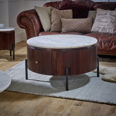 Opal Mango Wood Round Fluted Coffee Table With Marble Top & Metal Legs - UK - Furniture One Shop