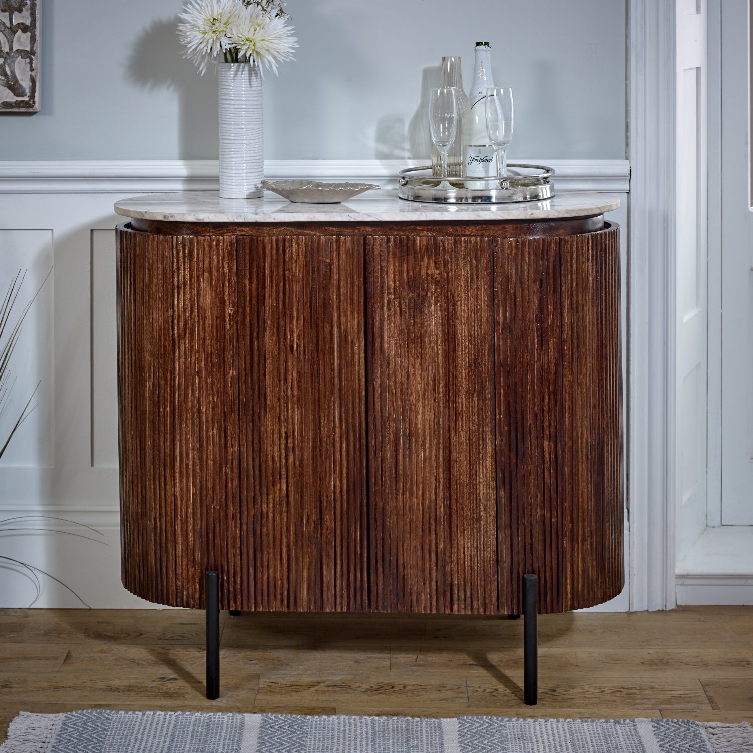 Opal Solid Wood Sideboard/Drinks Cabinet With Marble Top & Metal Legs - UK