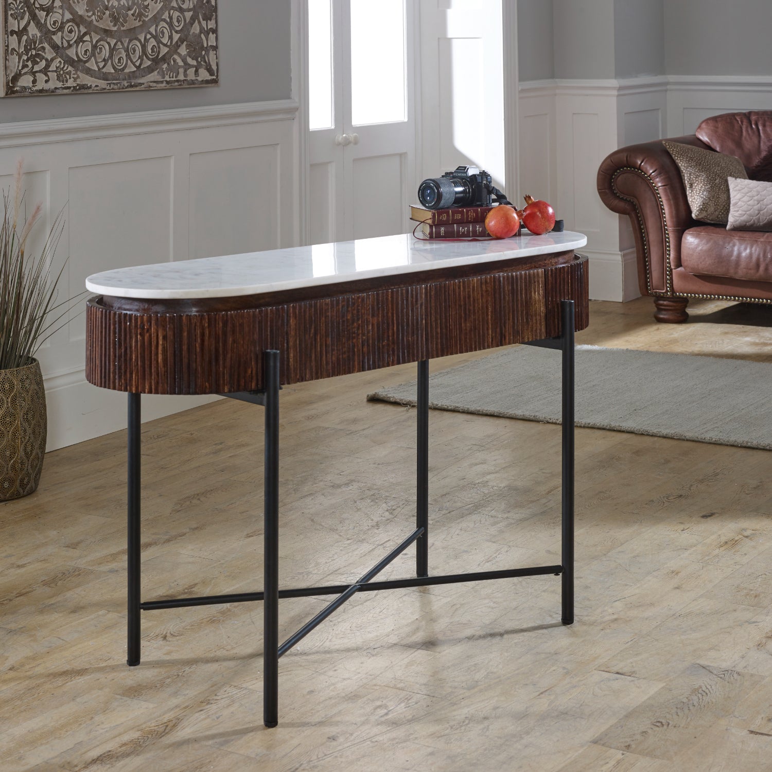 Opal Mango Wood Console Table With Marble Top And Metal Legs - UK