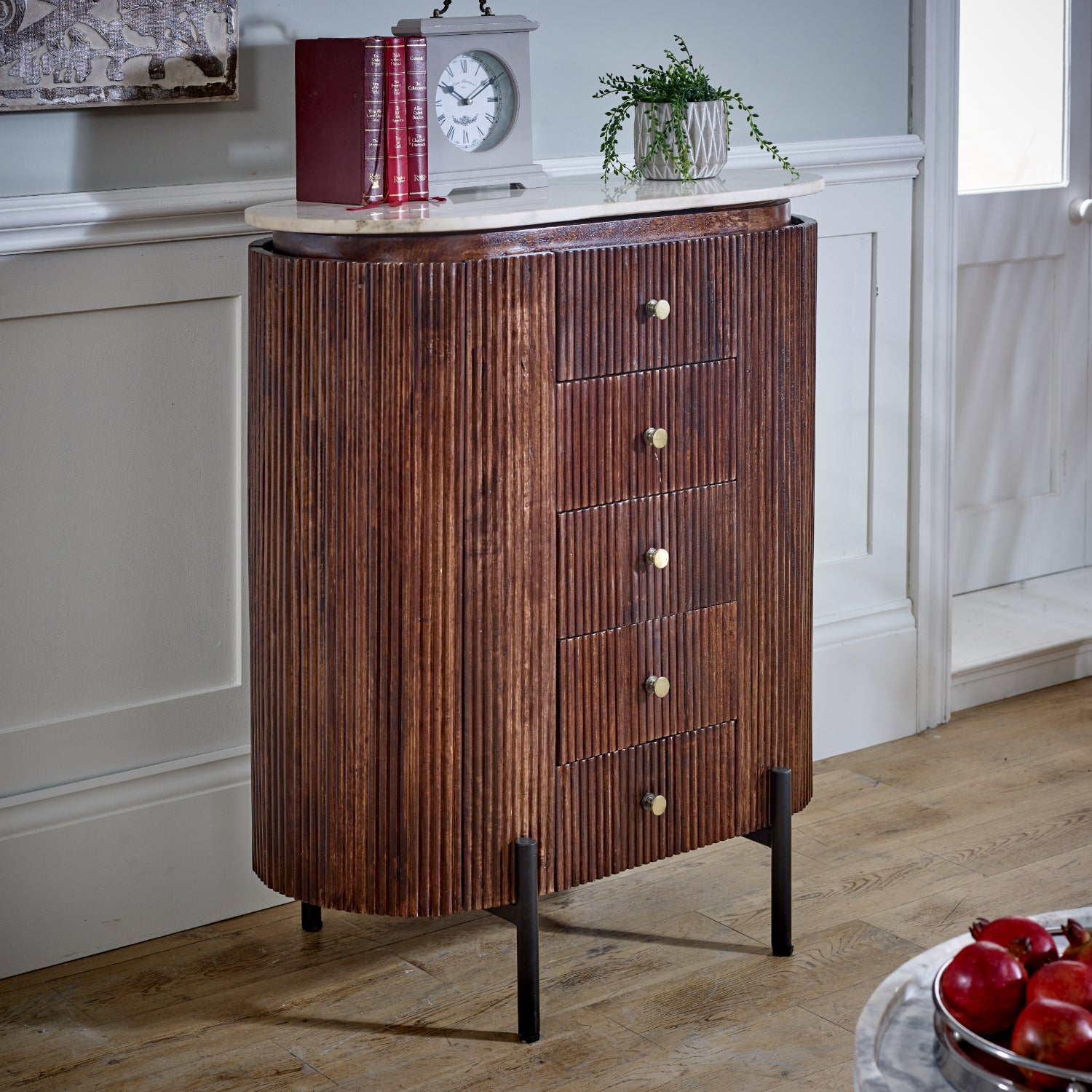 Opal Mango Wood Wide Chest Of Drawers With Marble Top & Metal Legs - UK