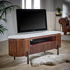 Opal Mango Wood TV Stand With  Marble Top & Metal Legs - UK