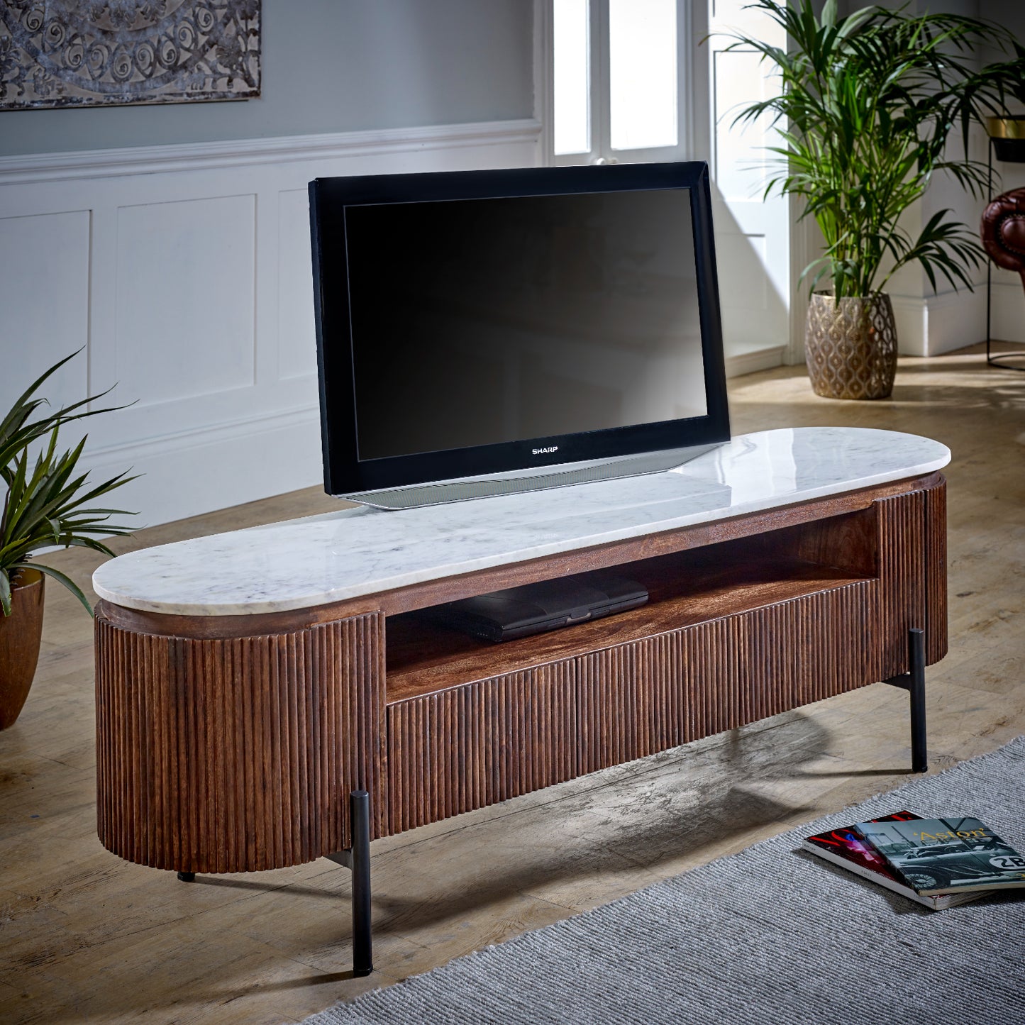 Opal Mango Wood Large Tv Stand With Marble Top & Metal Legs - UK