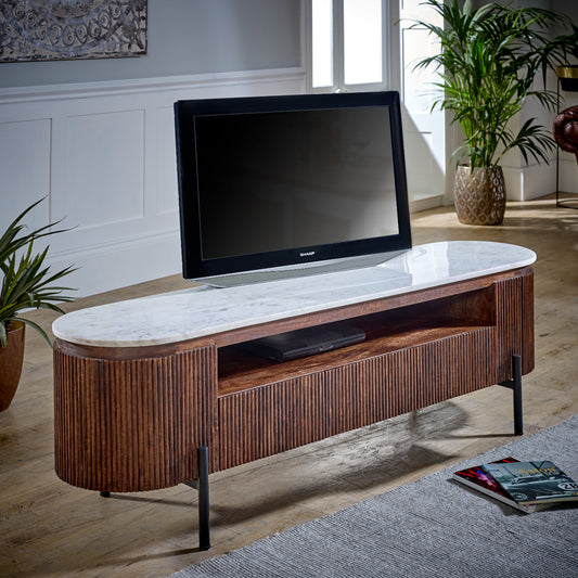 Opal Mango Wood Large Tv Stand With Marble Top & Metal Legs - UK