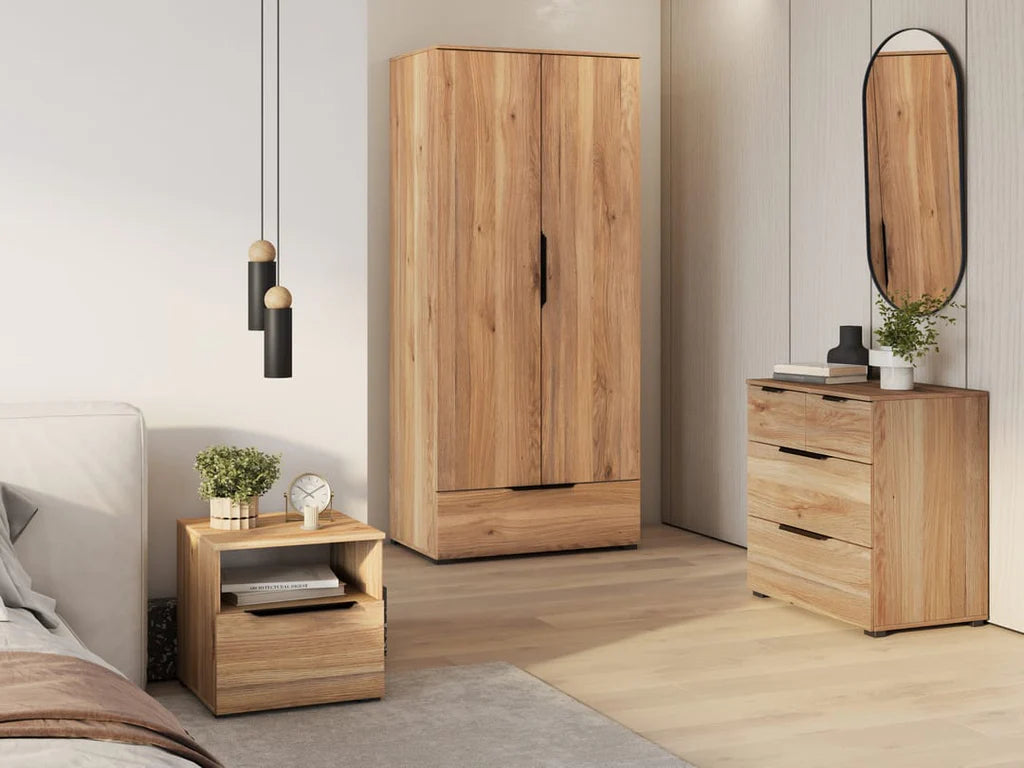 Tokyo 2 Hinged Door 1 Drawer Wooden Wardrobe in Oak Mauvella 86cm