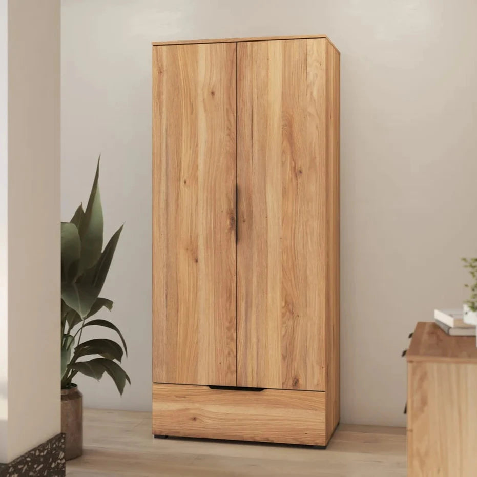 Tokyo 2 Hinged Door 1 Drawer Wooden Wardrobe in Oak Mauvella 86cm