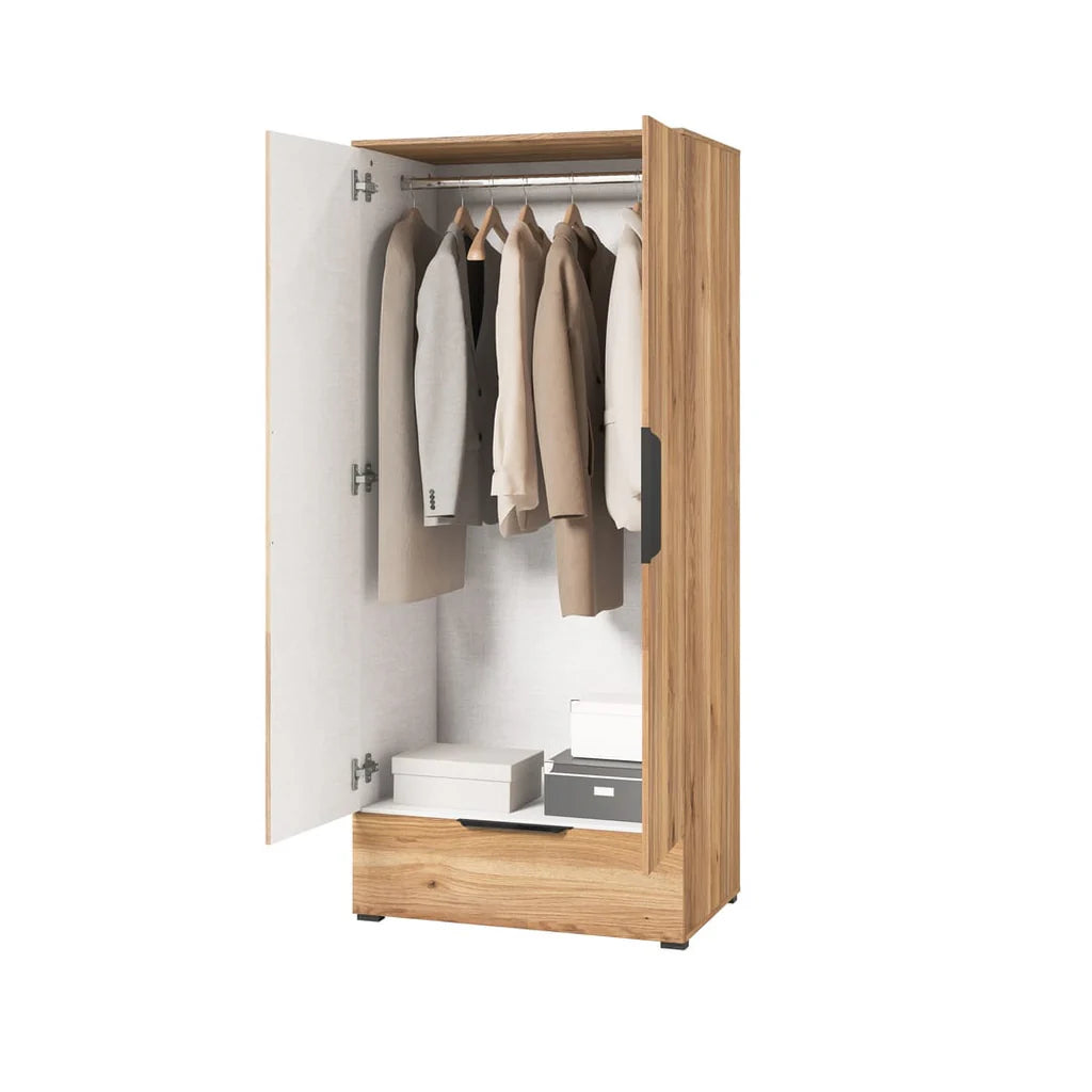 Tokyo 2 Hinged Door 1 Drawer Wooden Wardrobe in Oak Mauvella 86cm