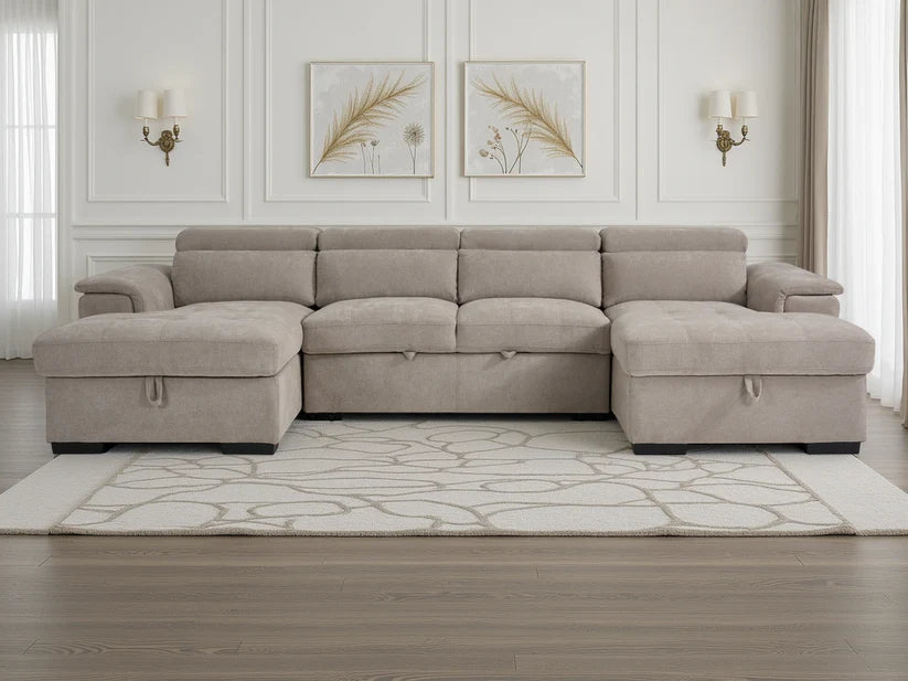 Alaya Beige U-Shape Corner Sofa Bed with Storage & Adjustable Headrests - Furniture One Shop