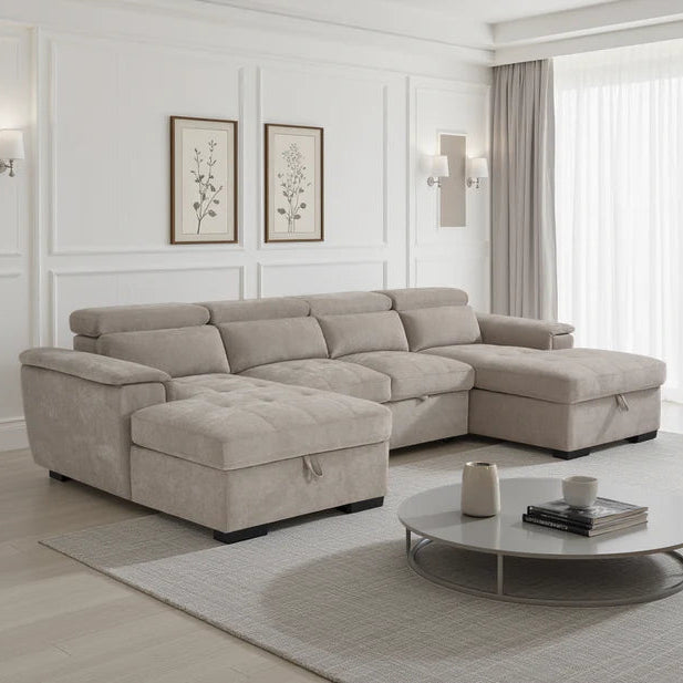 Alaya Beige U-Shape Corner Sofa Bed with Storage & Adjustable Headrests