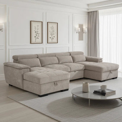 Alaya Beige U-Shape Corner Sofa Bed with Storage & Adjustable Headrests