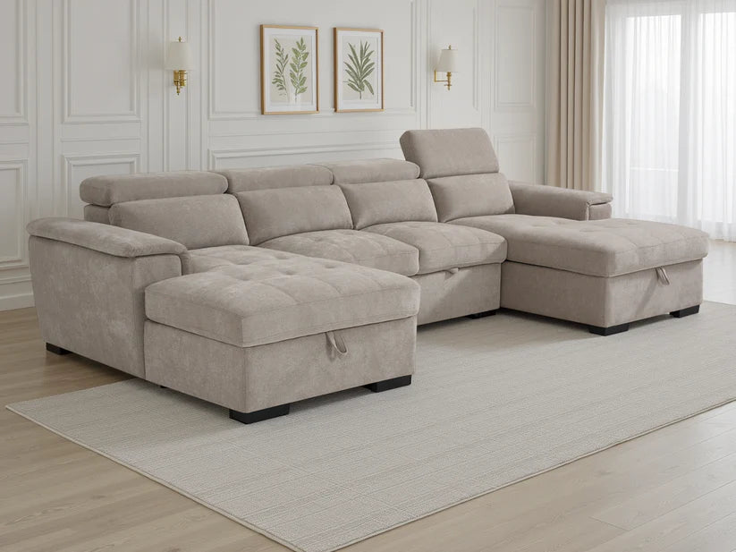 Alaya Beige U-Shape Corner Sofa Bed with Storage & Adjustable Headrests - Furniture One Shop