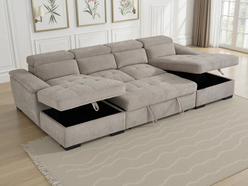 Alaya Beige U-Shape Corner Sofa Bed with Storage & Adjustable Headrests - Furniture One Shop